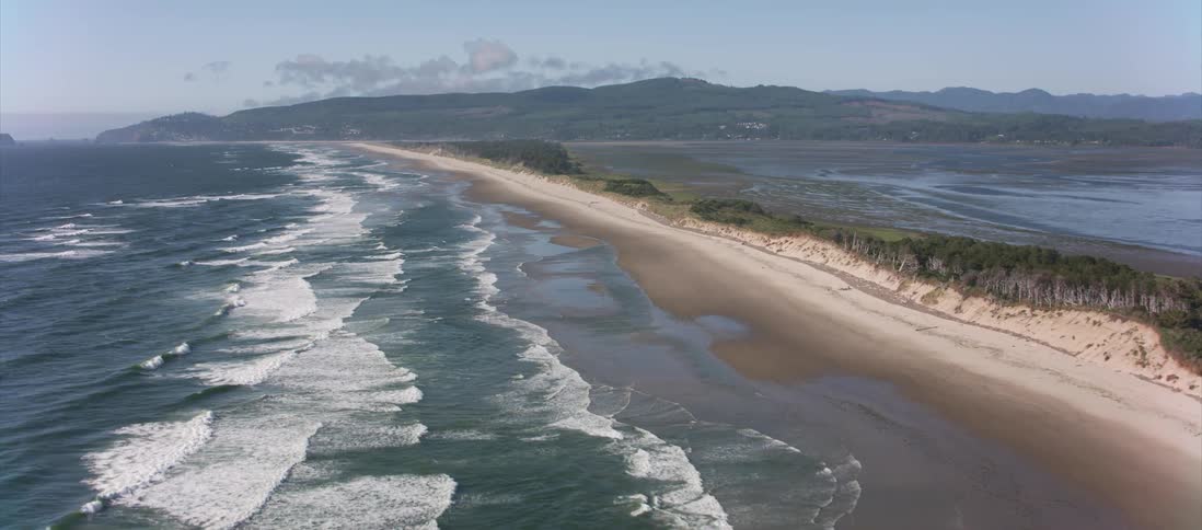 A strip of beach filled with trees runs through the ocean