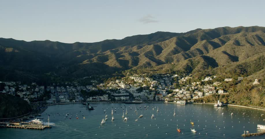 Avalon Harbor sits nestled in a mountain range in Catalina