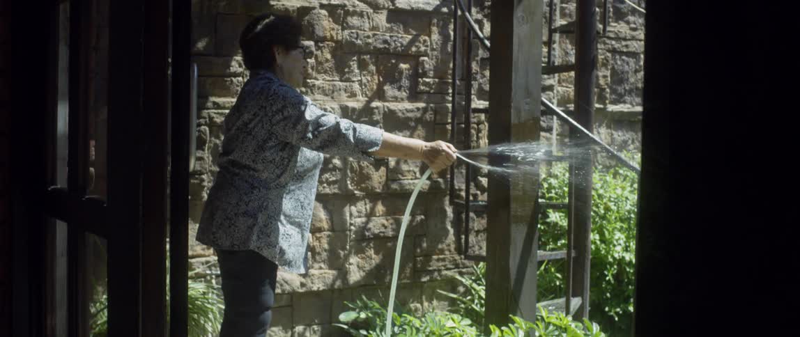 An old woman sprays water on bushes with a garden hose