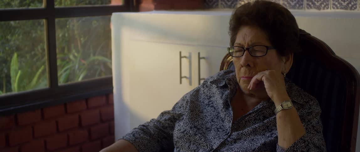 Old woman wearing glasses sits down in chair and takes a nap at home during daylight
