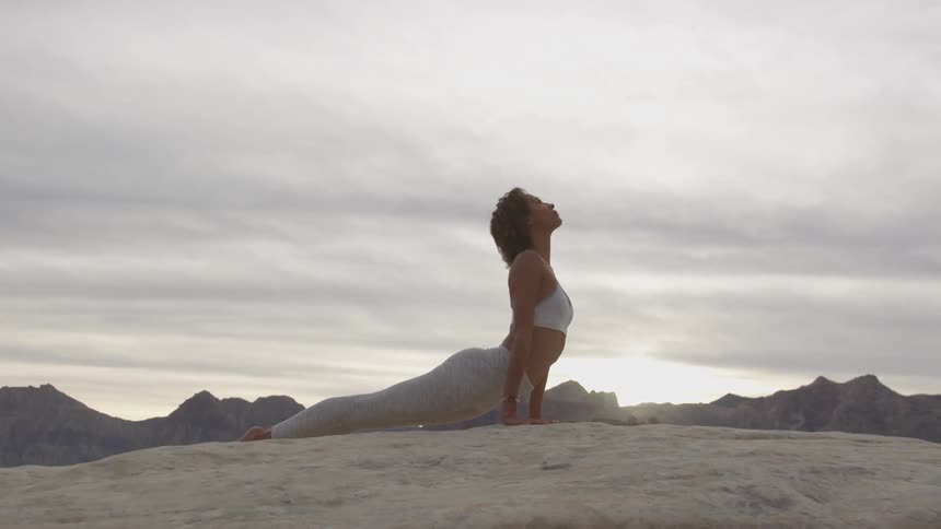 A thin and strong woman has her legs stretched outward behind her parallel to the ground as she arches her back up and holds her chin high while performing a yoga pose