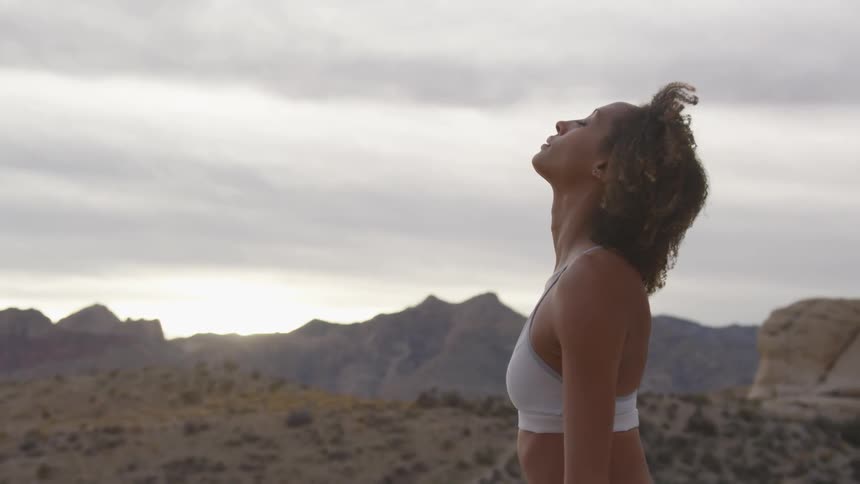 Woman meditating on a desert at sunset