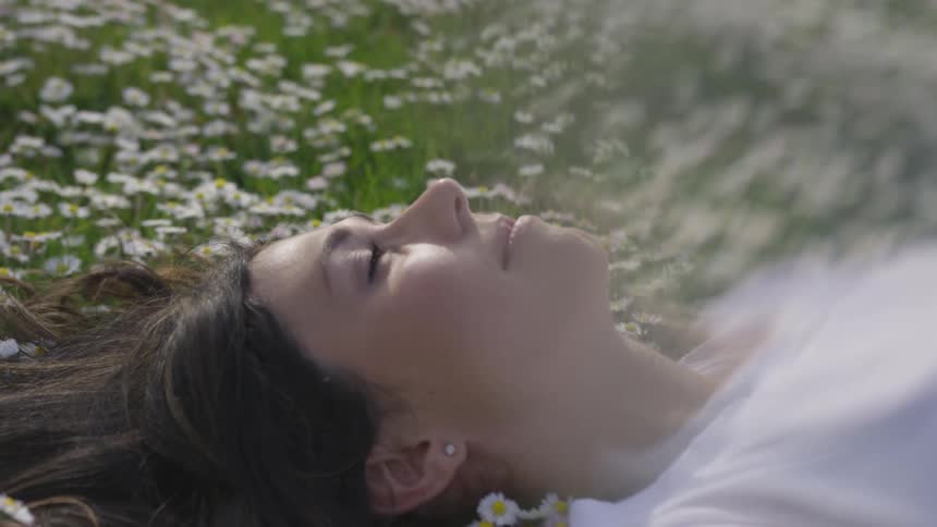 A woman lies in a meadow with flowers on a summer day