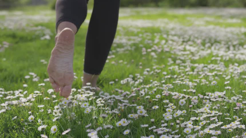 Woman walking barefoot on a field of flowers