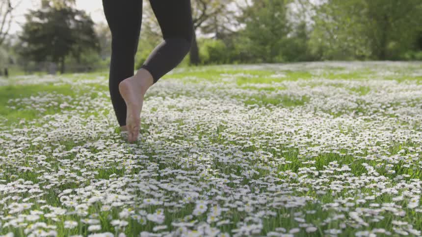 A young woman walks through a yarrow lined field