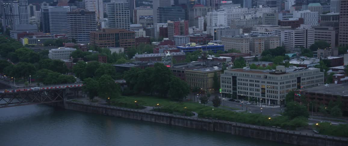 Portland Oregon cityscape on the banks of a large body of water