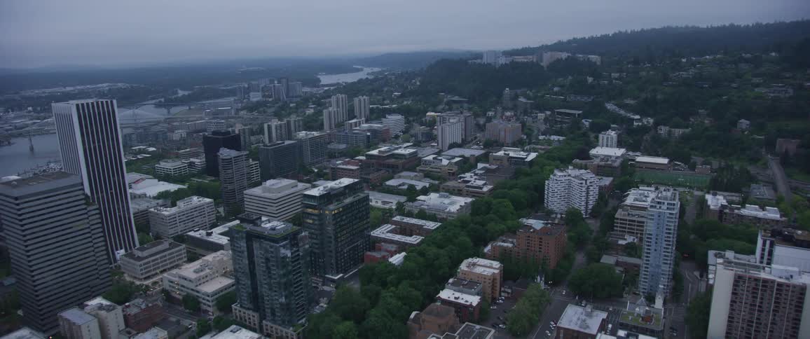 A city sits beside a river
