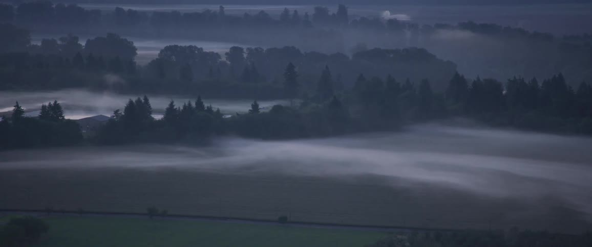 The countryside covered with foggy fields between patches of forest