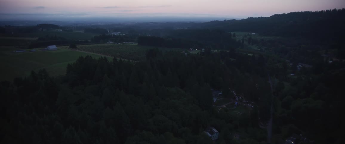 The camera from the drone sweeps over the vast green valley of a rich and luxurious neighborhood at dusk