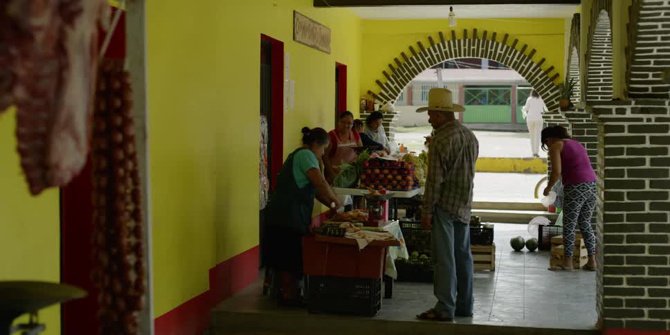 A customer stands watching a woman butcher meat with a large knife in a small brightly colored store