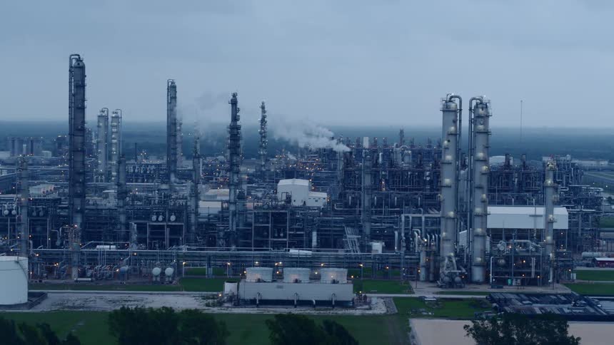Smoke streams out of a refinery smokestack