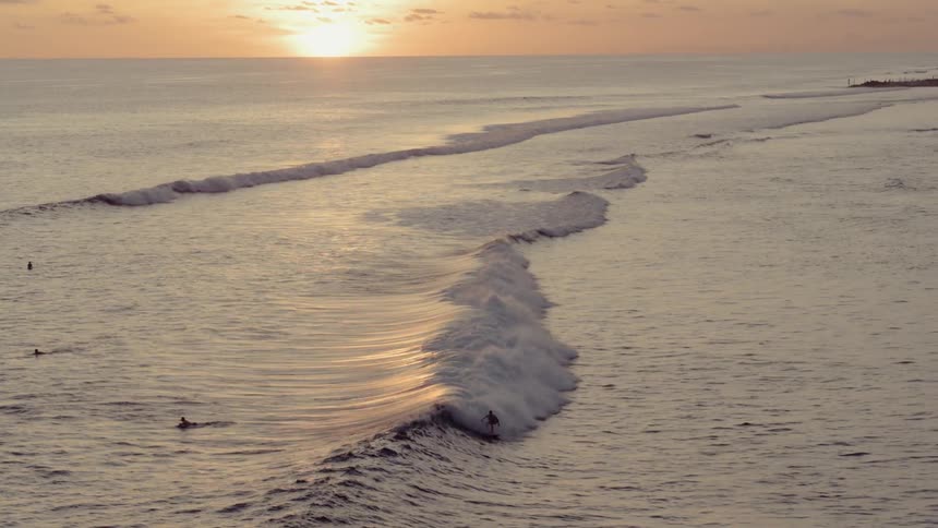 Several surfers rest in the waves while one surfer surfs a small wave