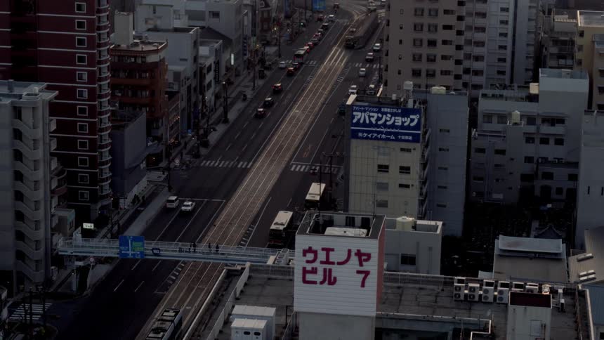 A busy highway cuts through a large japanese city