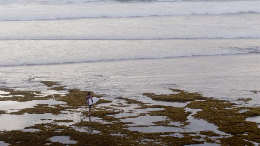A person with a surfboard under their arm walks towards the ocean