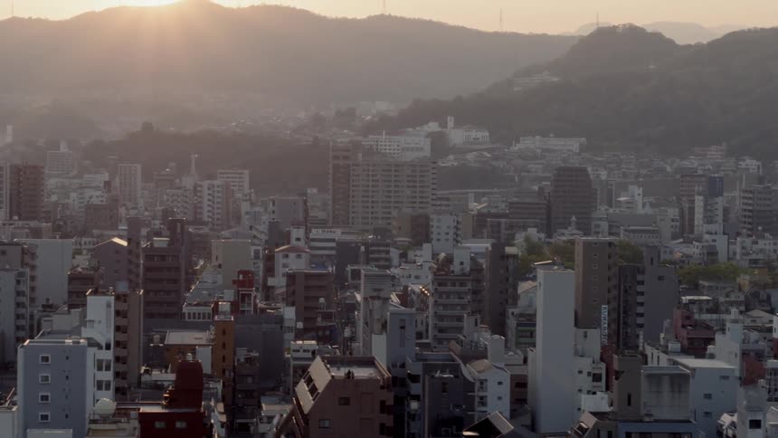 The camera flies over a dense residential area