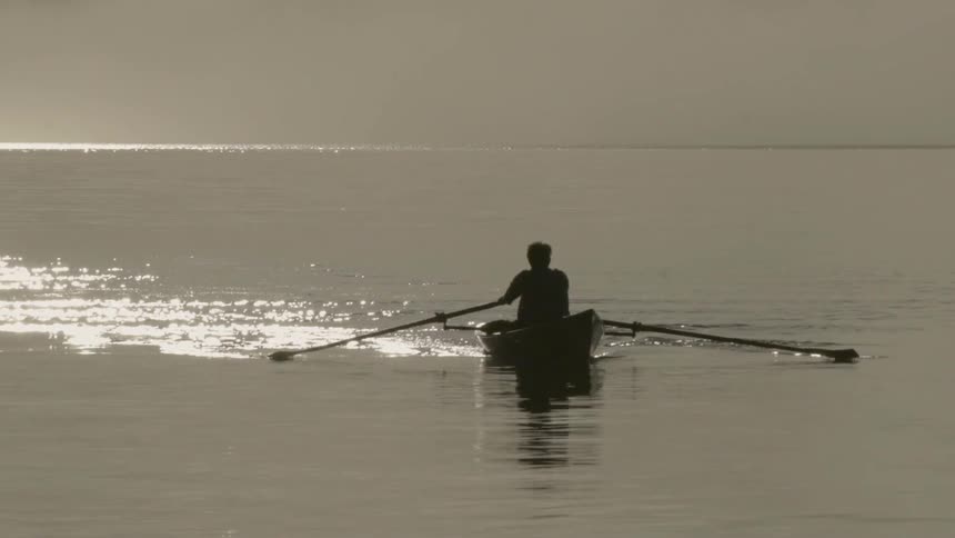 A man rows a boat in a lake