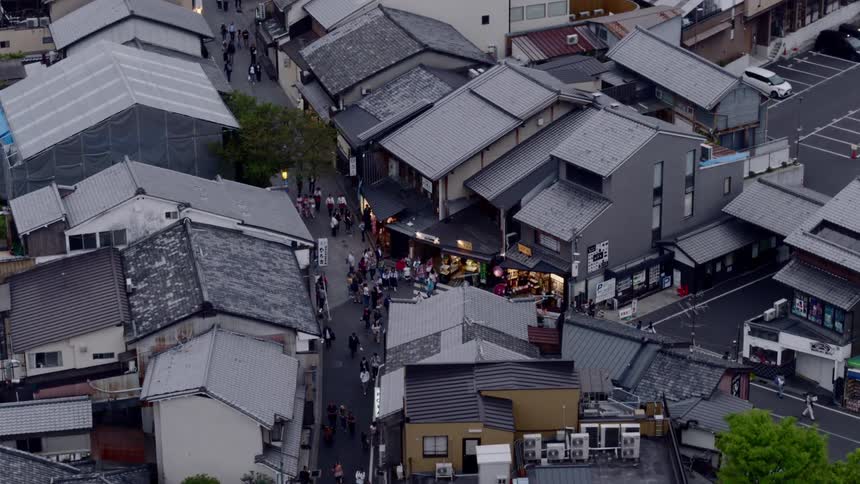 Aerial view of a busy street on a small town