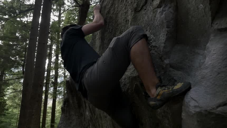 A young man rock climbing in the forest