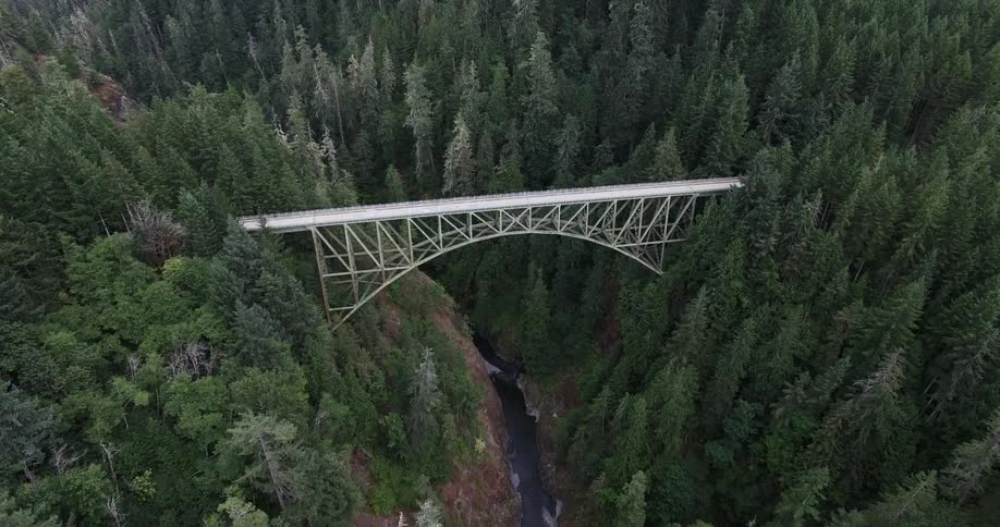 Over head view of a bridge going through a heavily wooded area
