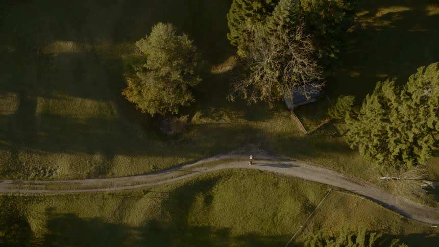 Birds eye view of a two people walking on a road