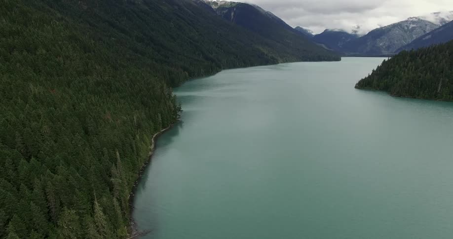 Aerial view of a river, tree-lined shore and mountains