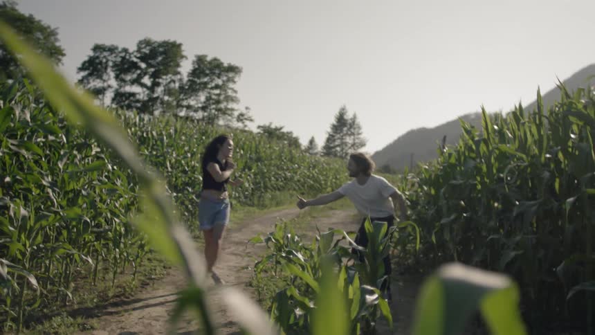 Man and woman run and enjoy themselves in the field of corn during daylight