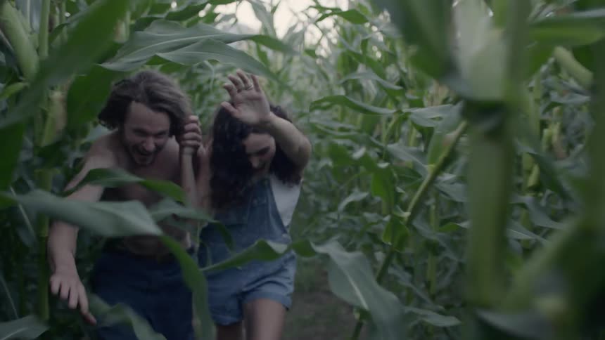 Two people run through a field while brushing through the crops