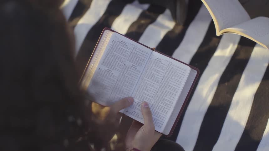 A woman sitting on a blanket outside reading a book