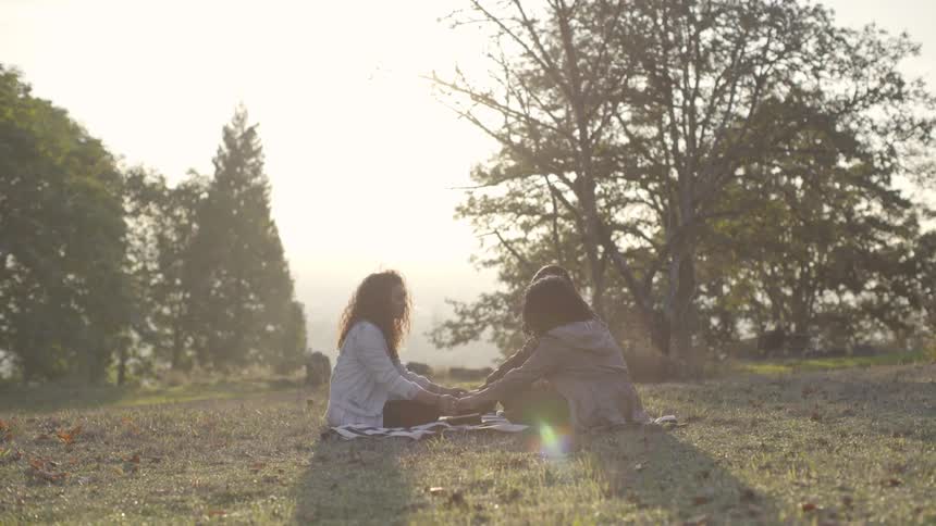 Group of friends holding hands while sitting on a blanket over the grass