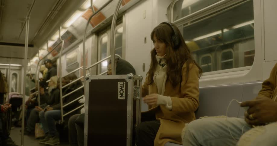 A woman carries a case on the subway