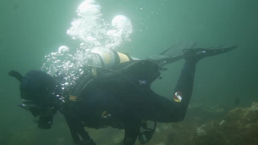 A scuba diver swimming near the sea bed