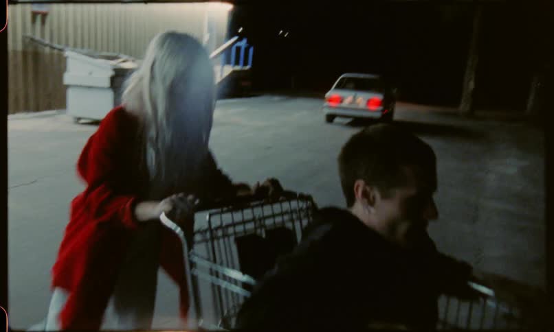 A woman pushes a man in a shopping cart