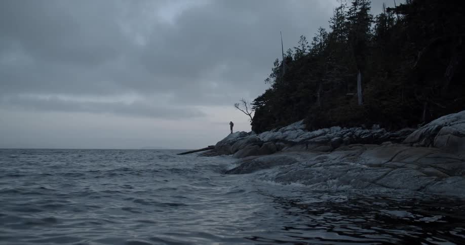 A person stands on a rock on the coast