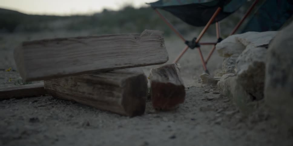 Person drops chopped firewood on ground