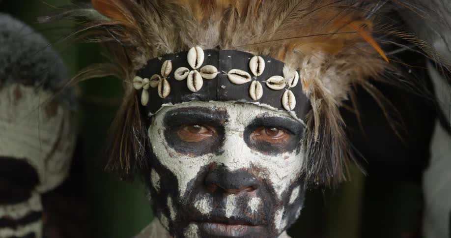 A man wearing black and white face paint while wearing a headdress with feathers and shells on it