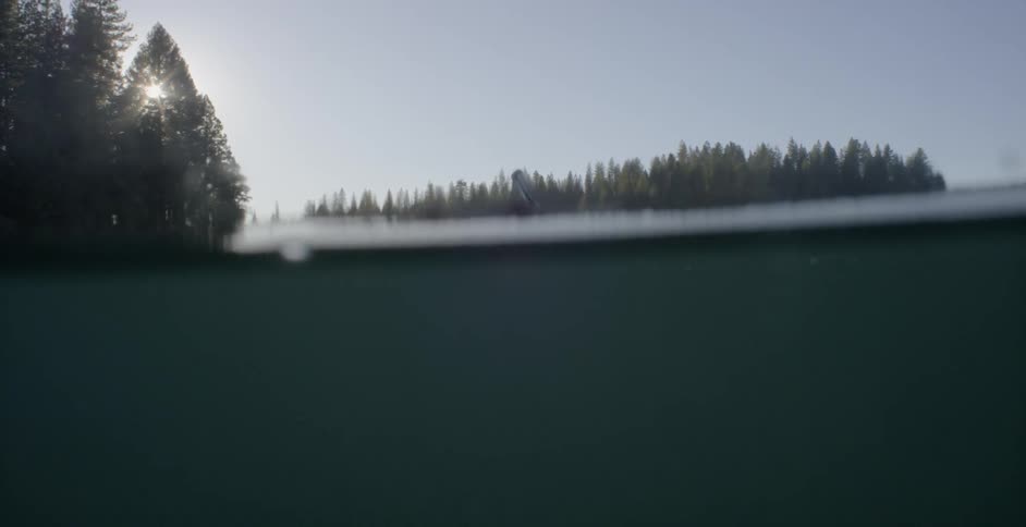 A man and a woman row a canoe across a lake