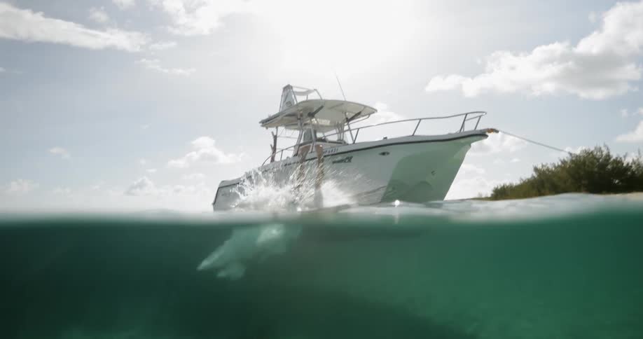 A woman dives off of an anchored motorboat into the sea