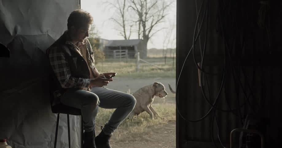 Man sits on stool at doorstep and uses smartphone while two dogs walk around him in the countryside during daytime
