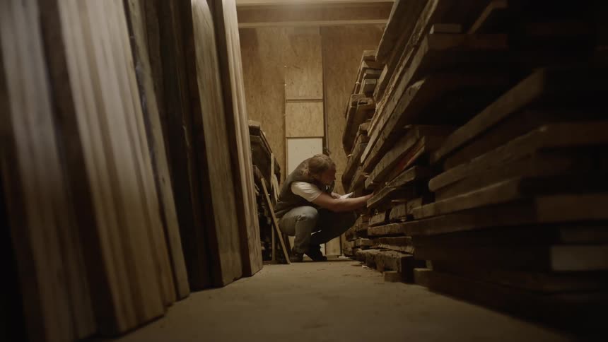 A man in a warehouse examining a stack of lumber
