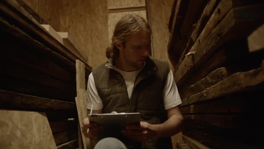 A man looking at wood in a wood shop