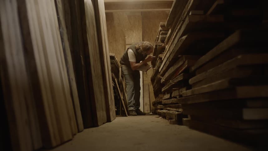 Man counting number of words in a wood pile