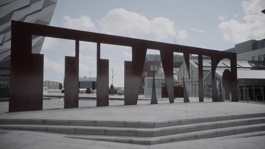 The titanic sign outside of the titanic belfast monument and museum in the titanic quarter in belfast