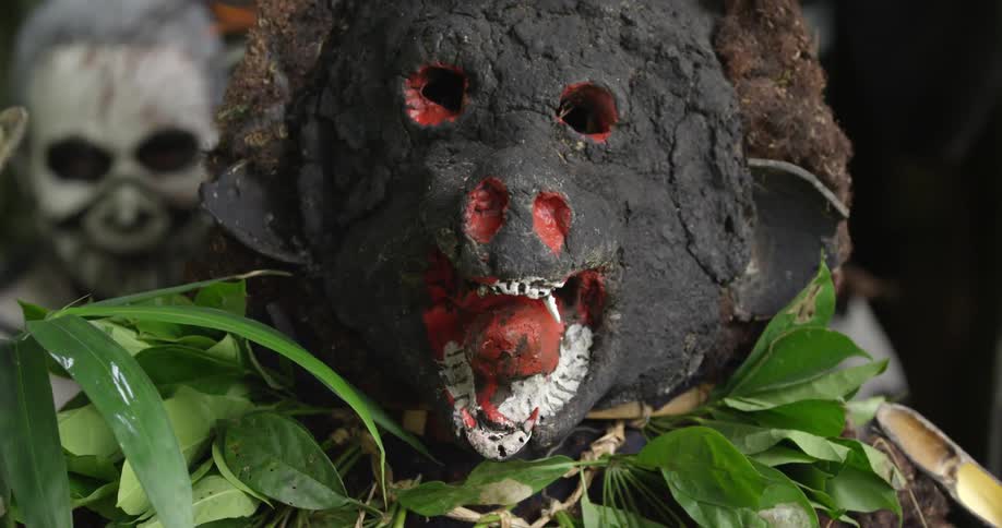 A man wears a large handmade mask over his head that depicts a pig that has an apple in its mouth