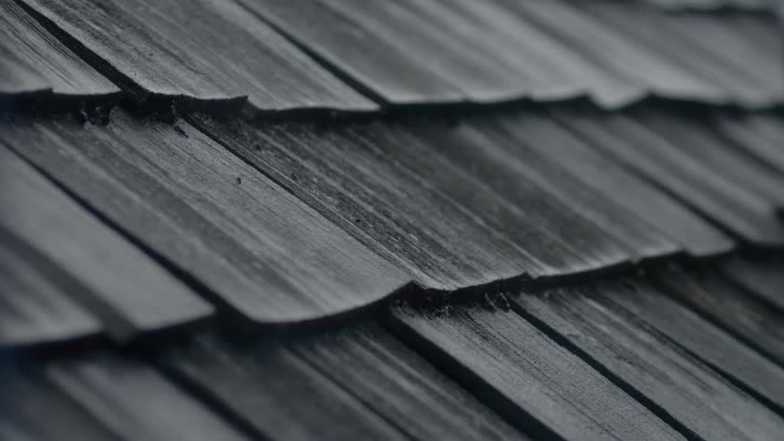 Rain falls on a wooden slat roof