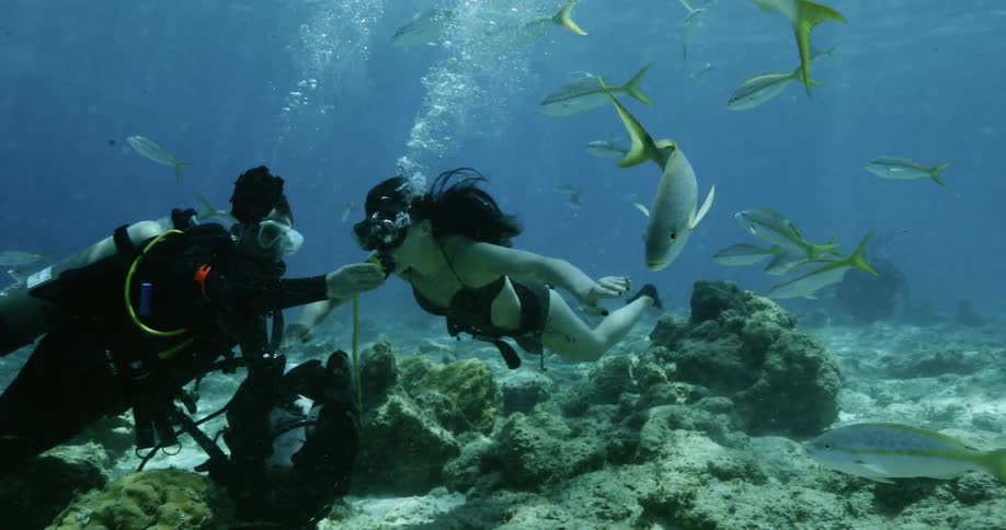 A woman takes a breath from a scuba diver while underwater