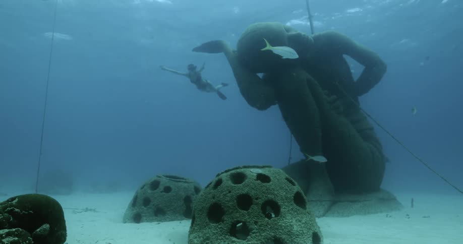 A woman is scuba diving underwater