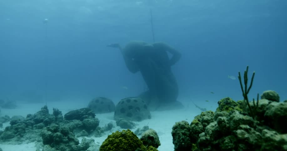 A statue sits underwater near a reef