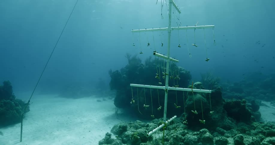 A mobile sits submerged underneath the ocean