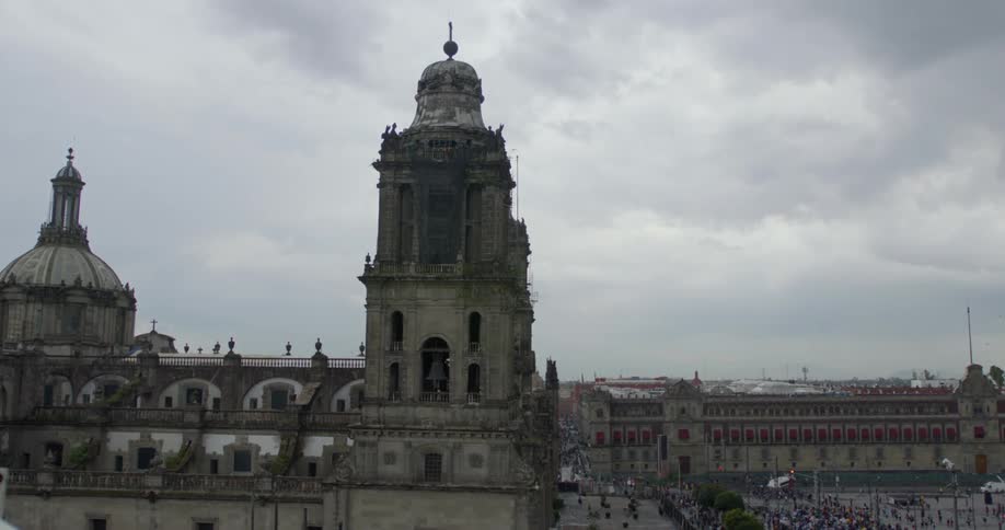 A building is standing tall in the sky among the horizon
