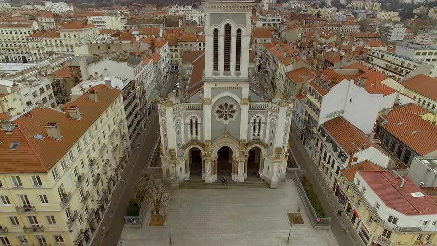 Aerial view of historic building in downtown area